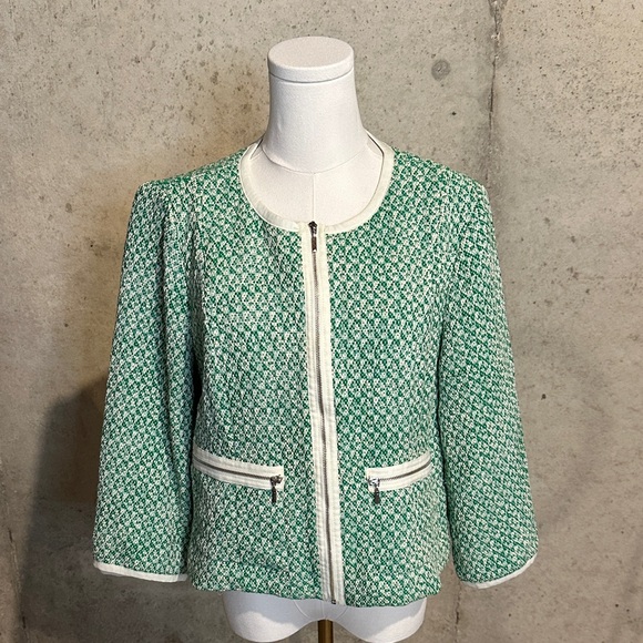 EUC Cabi Green & White Tweed-Style Jacket | Preppy | Size 14 - Picture 1 of 10